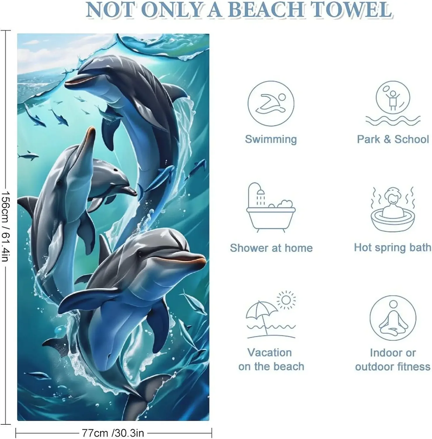 Decorative Dolphin Ocean Print Polyester Bath Towel Beach Bathroom Shower Decor Tropical Nautical Coastal Art Hanging Towel Gift