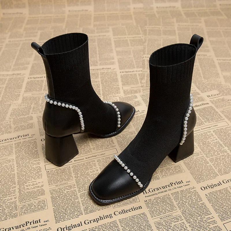 Bottes chaussettes à talons hauts carrés pour femmes, chaussons courts noirs pour dames, Parker à la mode, automne et hiver