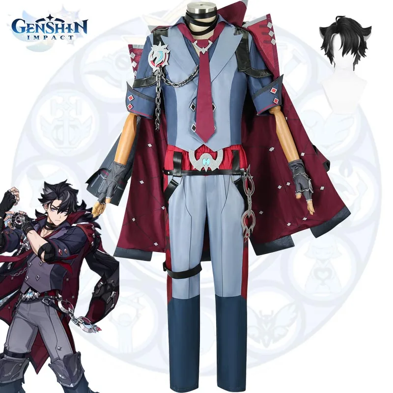 

Game Wriothesley Genshin Impact Cosplay Costume Wig Uniform Full Set Fontaine Cloak Top Pants Suit Adult Men Halloween Outfits