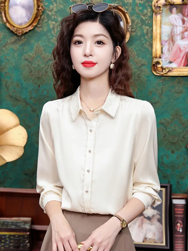 

Ele Long Sve Ne Satin irt Women's Premium Sle Faionable Layering Straight Cut Classic Color Casual Wear