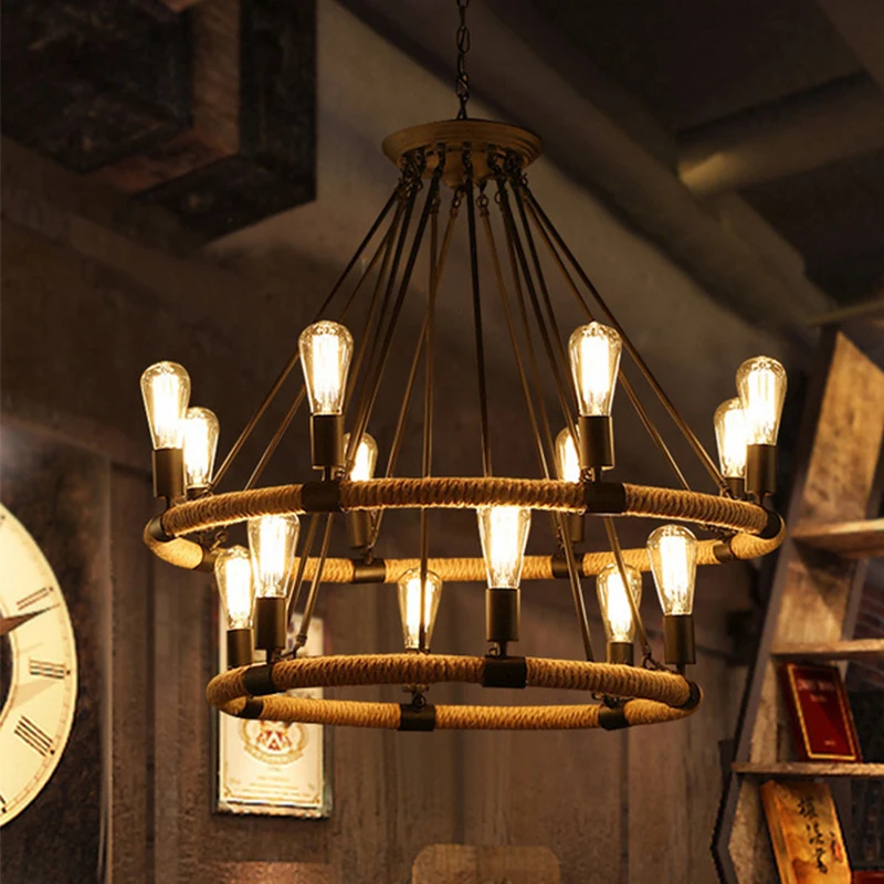 AFRA-candelabro de cuerda de retrofáñamo de estilo americano, colgante nostálgico para Loft, estilo Industrial, cafetería Internet, restaurante, tienda de ollas calientes