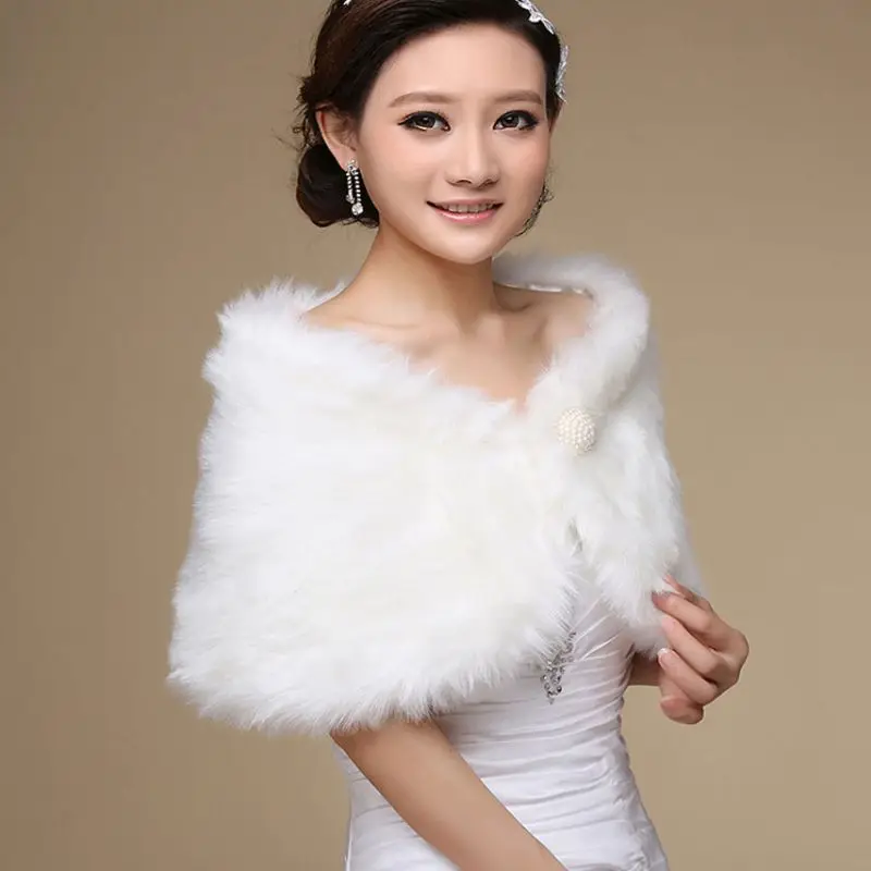 Womens White Faux Fur Bridal Wrap Stole Shawl Cape Wedding Artificial Pearl Ball Embellishment Winter Coat Shrug