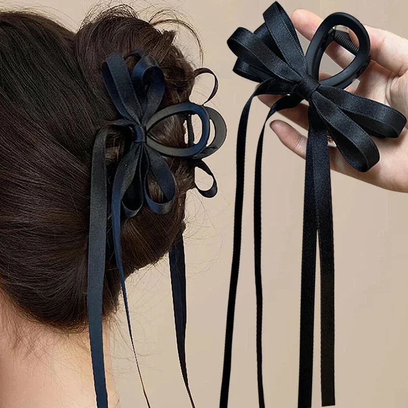 Black Bowknot Hair Claw Sweet Silk Ribbon Bow Hairpin Bang Clip Korean Girls Fashion Grab Clips Female Headwear Hair Accessories