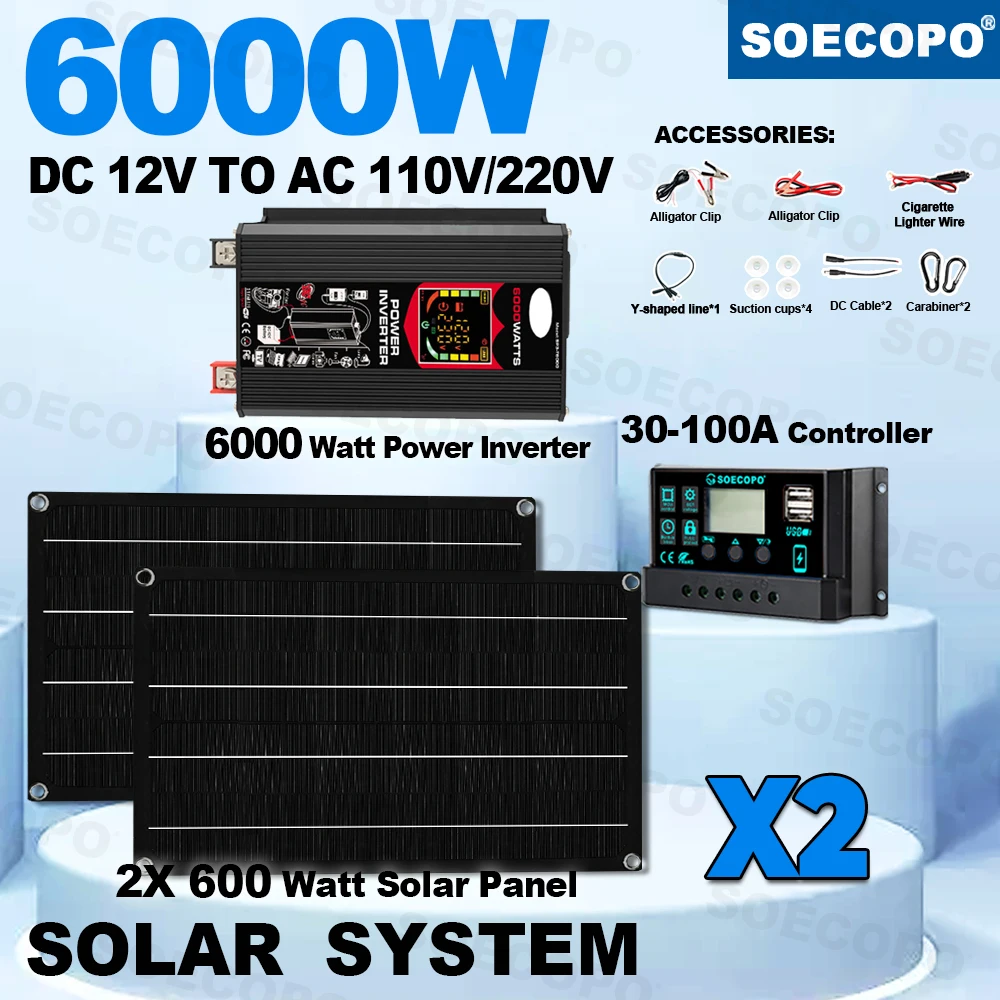 

SOECOPO 6000W Solar System Set 2×600W Portable Panels, Inverter (Dual USB, Universal Socket), 100A Controller – Home Camping/RV