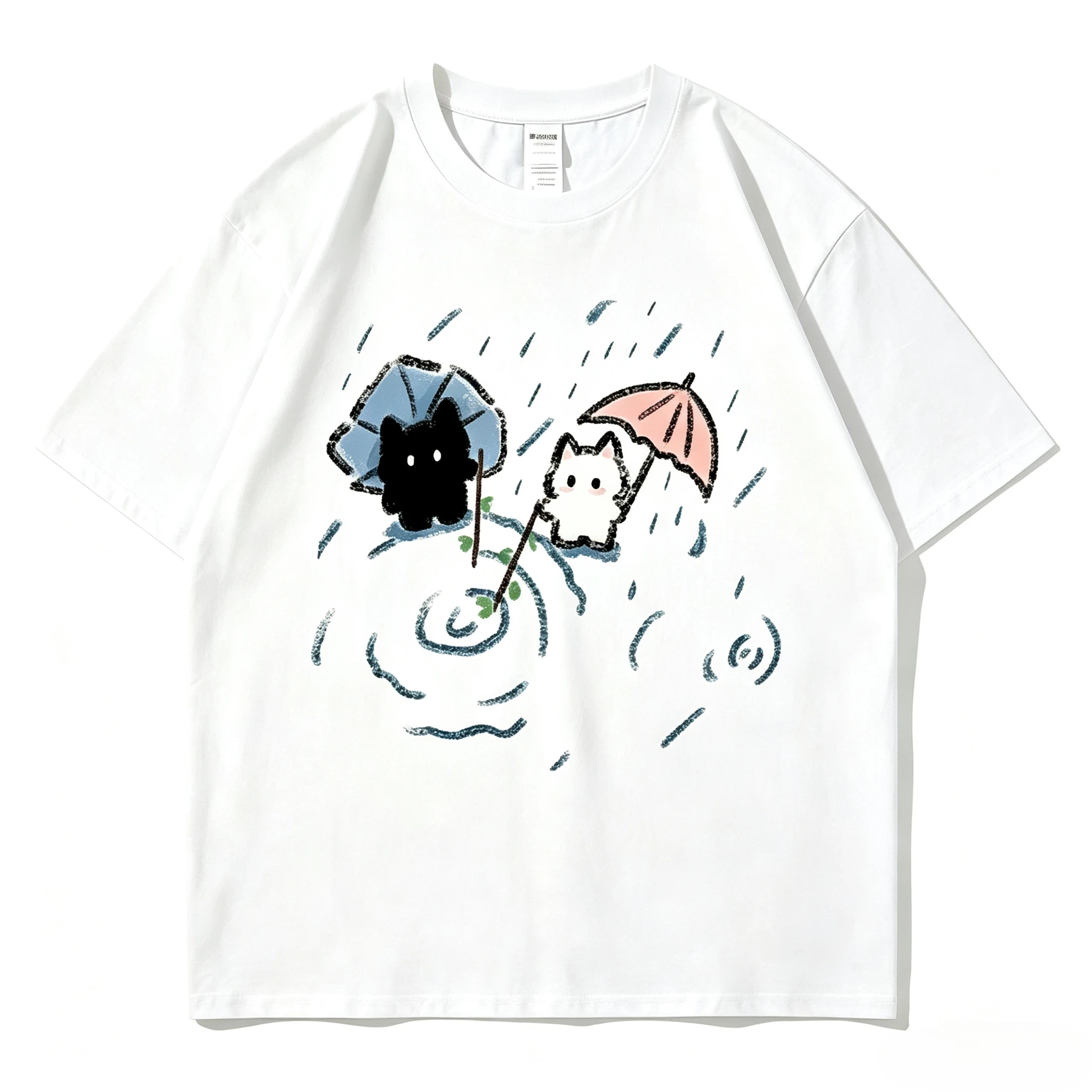 An interesting and adorable black and white Japanese cat pattern T-shirt, a summer casual loose and soft short-sleeved top