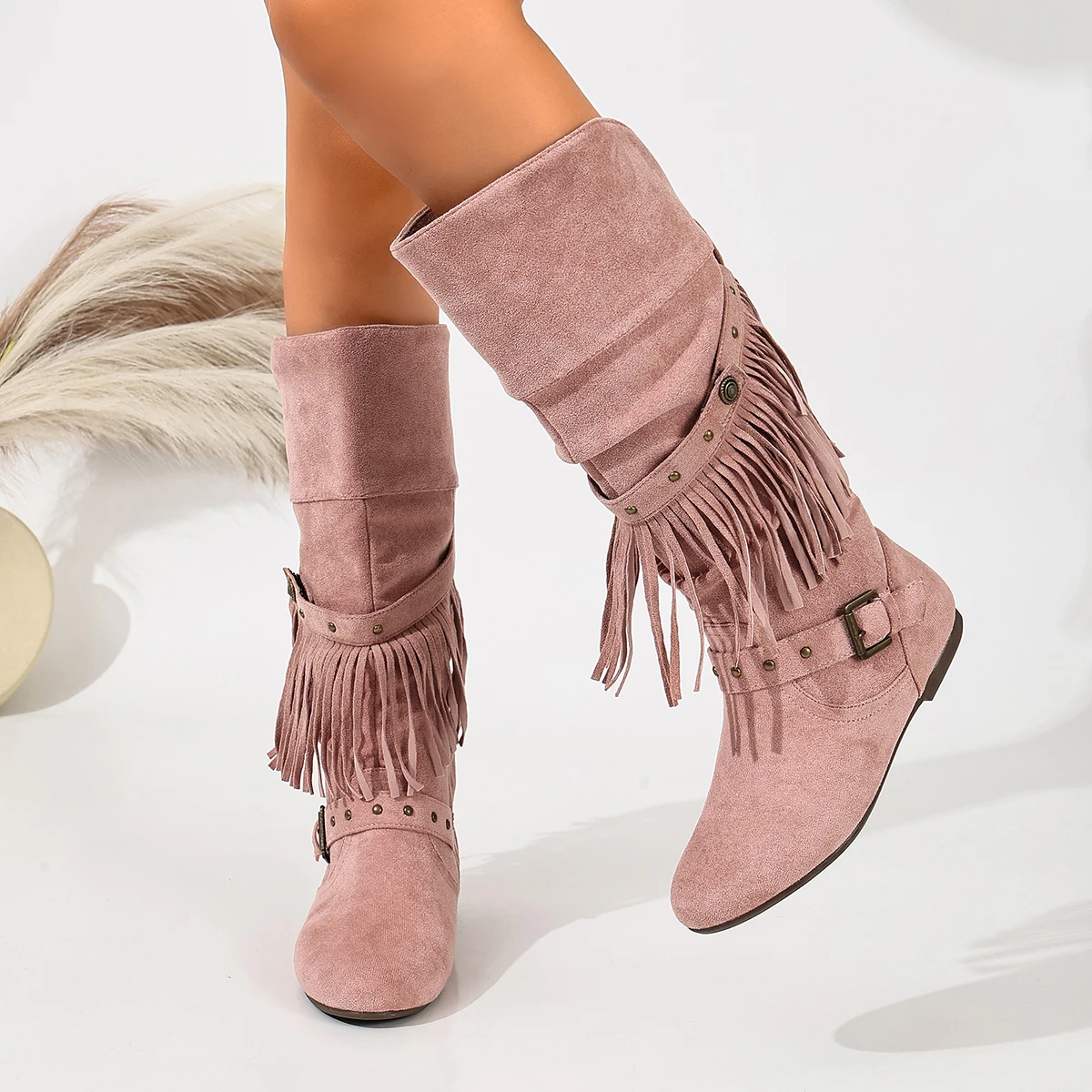 Women's Mid-Calf Boots in Bean Paste Pink Suede with Detachable Tassels, Round Toe, Flat Sole, Vintage Western Style, Convertible Long Boots, Women's Fashion Long Boots