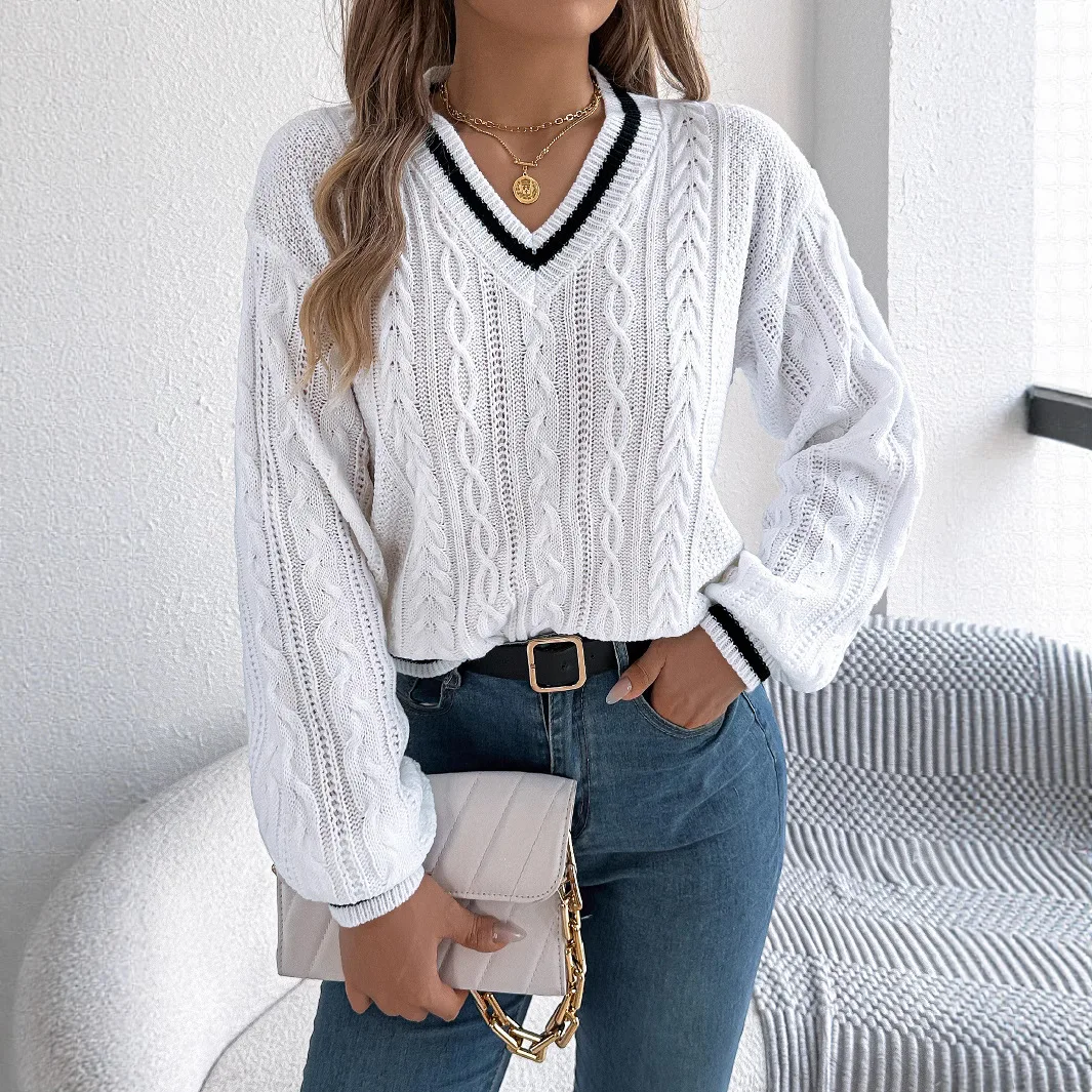 

2025 Autumn Winter Women's Sweater Tops Sweaters Women Female Woman Clothing Basic V-Neck Cable-Knit Lantern-Sleeve Sweater