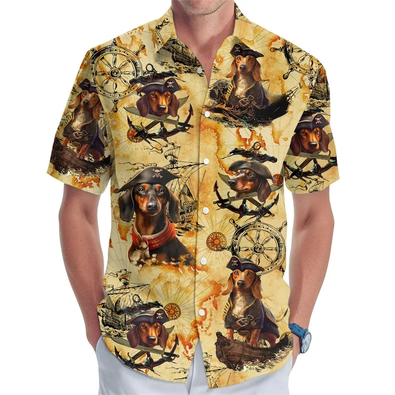 Chemise graphique teckel hawaïen pour hommes, impression complète 3D, t-shirt surdimensionné, chemise boutonnée décontractée, chemises de plage de surf, été