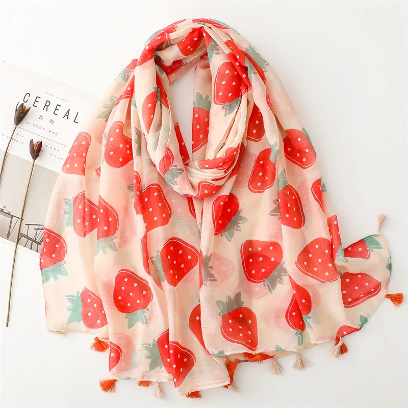 2024 new summer fresh cartoon clothing with cotton feel scarf strawberry scarf thin travel sunscreen shawl 88x180cm