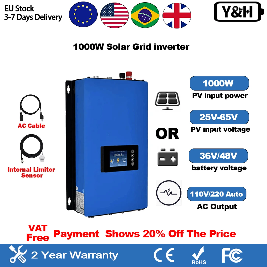 Y&H 1000W Solar Micro Grid Tie Inverter 36V 48V Battery Discharge Sensor MPPT PV Output 22-65VDC 110V/220VAC Auto Pure Sine Wave