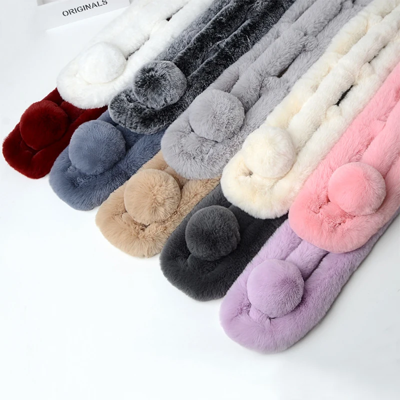 Rex Rabbit Fur Scarf Women Autumn And Winter fur Scarves Warm Thick With Ball Pele Scarves Rabbit Fur Rings scarf female fur