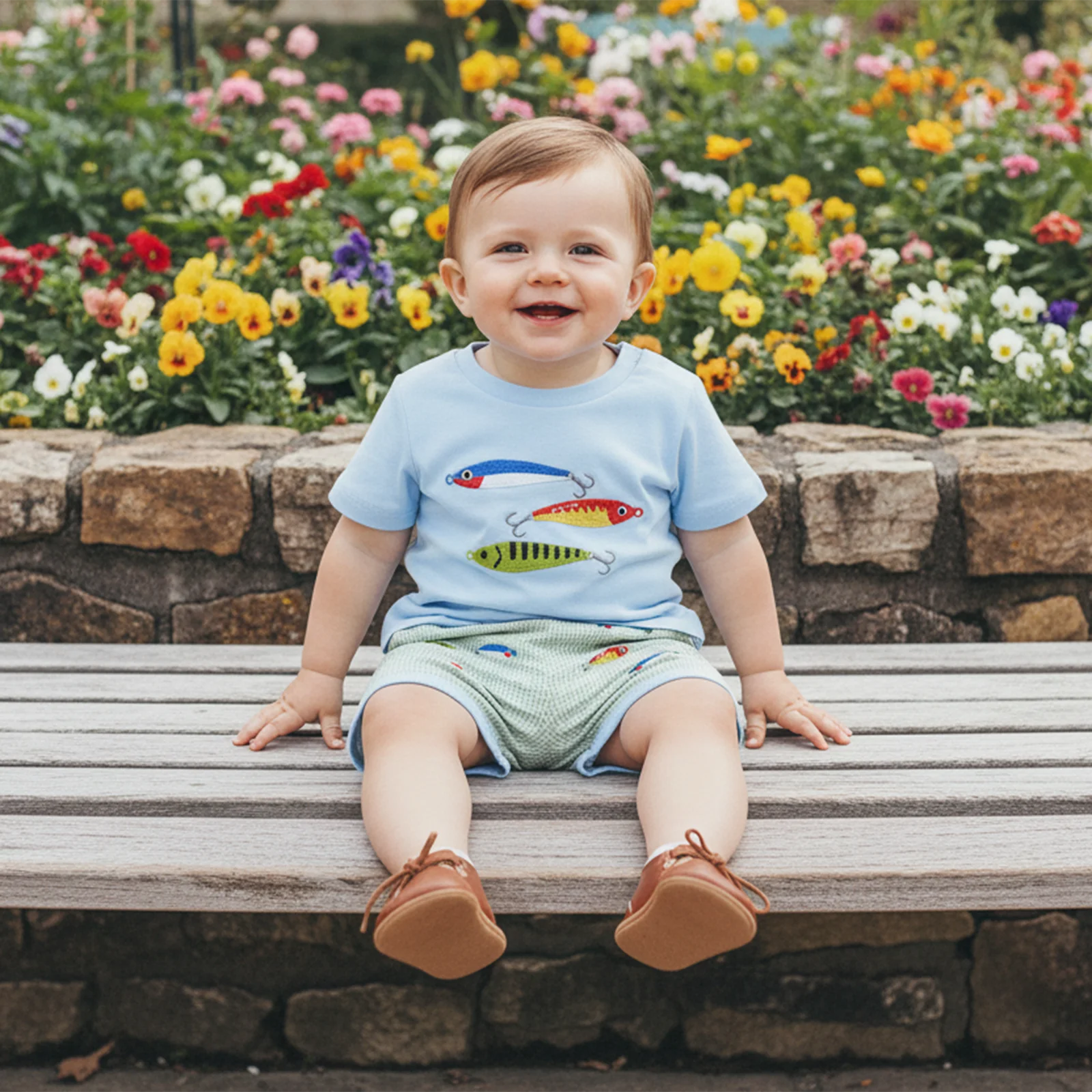 Boys Summer Shorts Sets Short Sleeve O Neck Fish Embroidery Tops and Plaid Drawstring Shorts