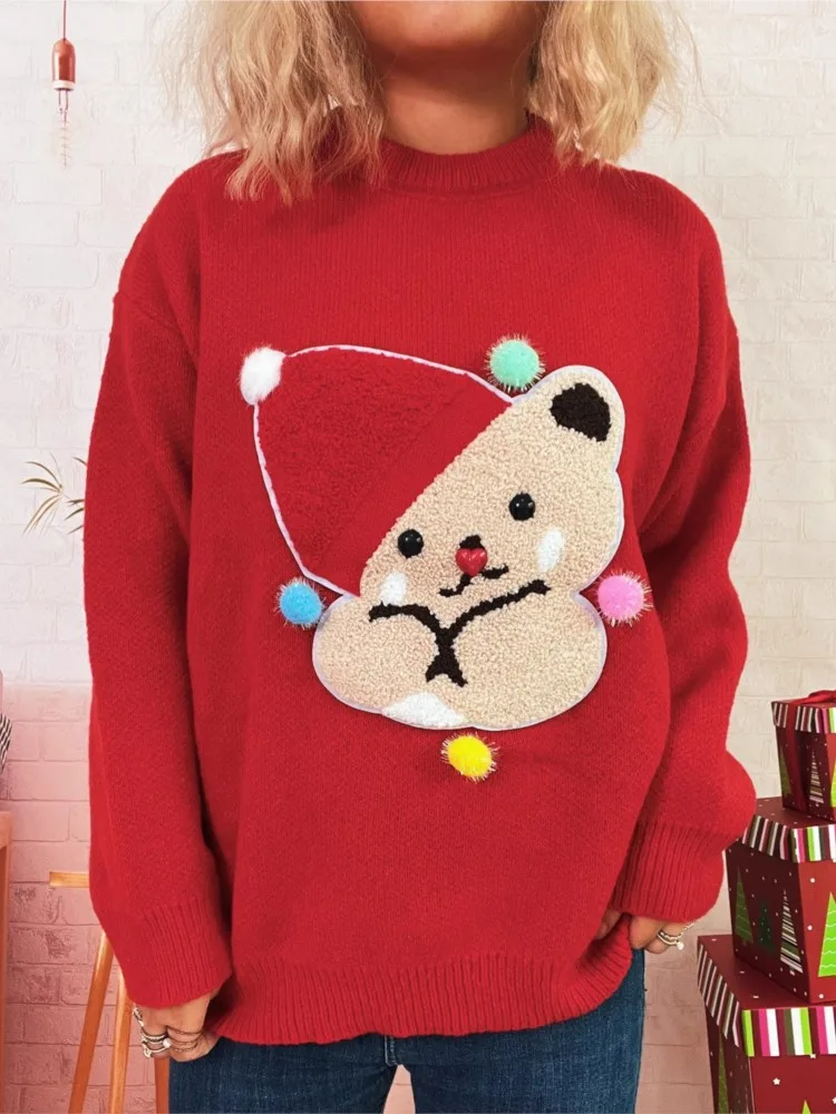 Novo feminino doce dos desenhos animados urso camisola de malha topo outono e inverno elegante em torno do pescoço casual chique camisola de manga comprida