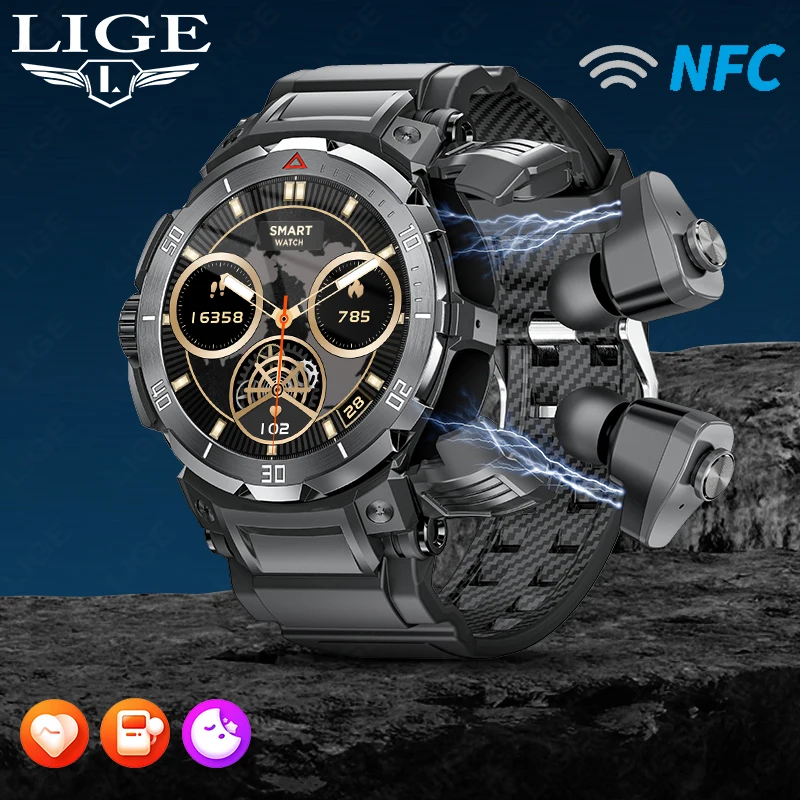 LIGE New 2 in 1 Smart Watch With Earbuds Bluetooth Call TWS Headset Music Lover Waterproof Man Sports SmartWatch For IOS Android