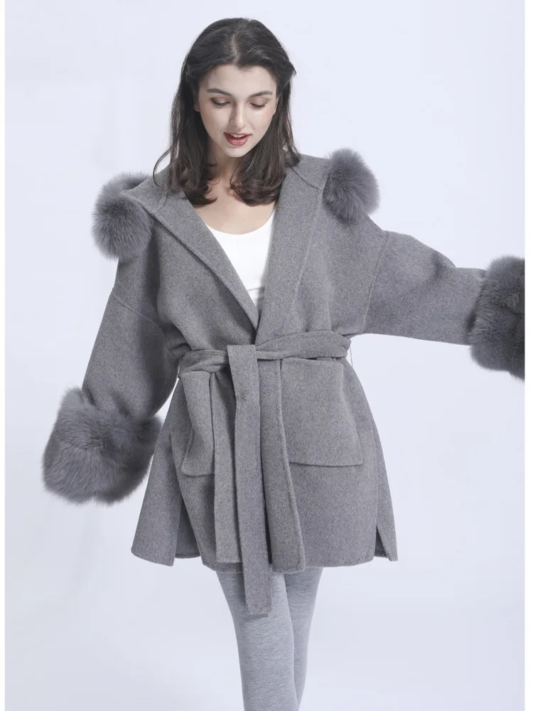 2024 Winter Coat For Women Wool Cashmere Jackets With Real Fur Hood Cuff Warm Luxury Belted Long Trench Fur Coat