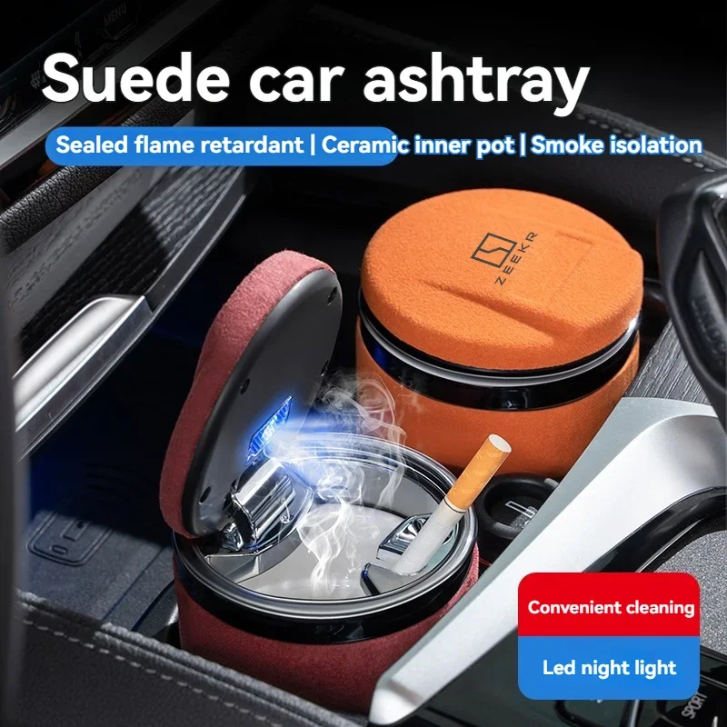 Car Suede Ashtray With Blue-Ray LED Light Creative Ceramic Ashtray Cigarette Holder with logo For Zeekr Car Accessories