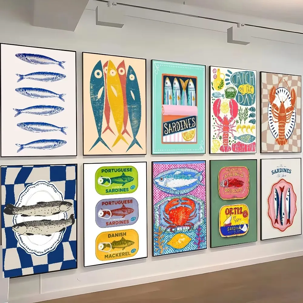 Colorful Sardines Marine Animals Canvas Poster Minimalist Red Mermaid Food Wall Art Prints Modern Kitchen Bar Home Decor