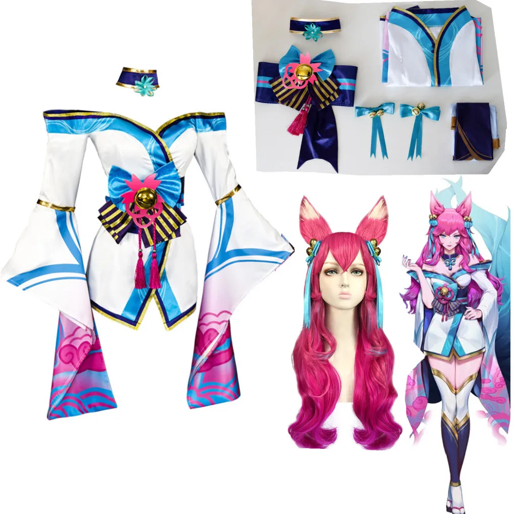 Ahri LOL disfraz de Cosplay para mujer y niña, traje con peluca, oreja, espíritu, flor, Liga de Leyendas, Anime, fiesta de Halloween