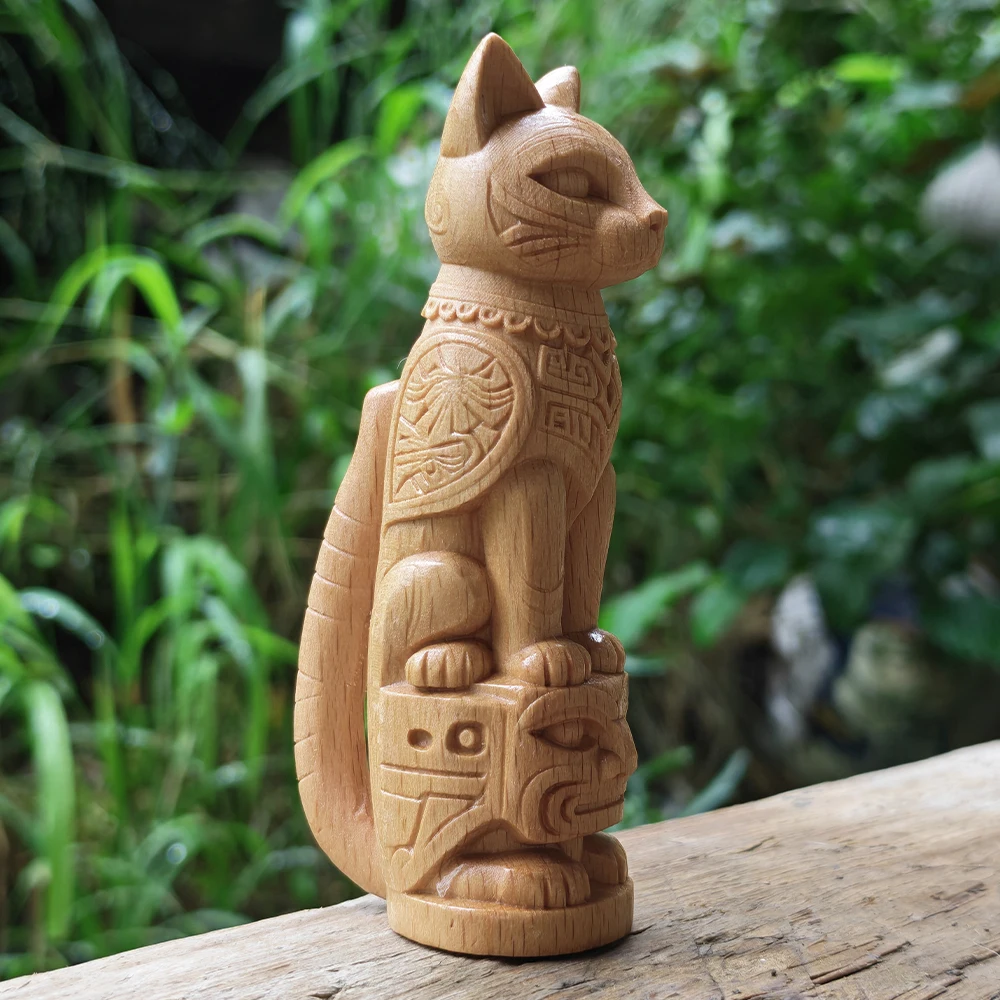 3.8 Inch Hand-Carved Wooden Cat Totem Ornament, Ethnic Style, Artistic Style, Suitable for New Year Gifts, Christmas Gifts, Fireplace, Tabletop Decorations, Birthday Gifts, Housewarming Gifts, Indoor Decorations, Office