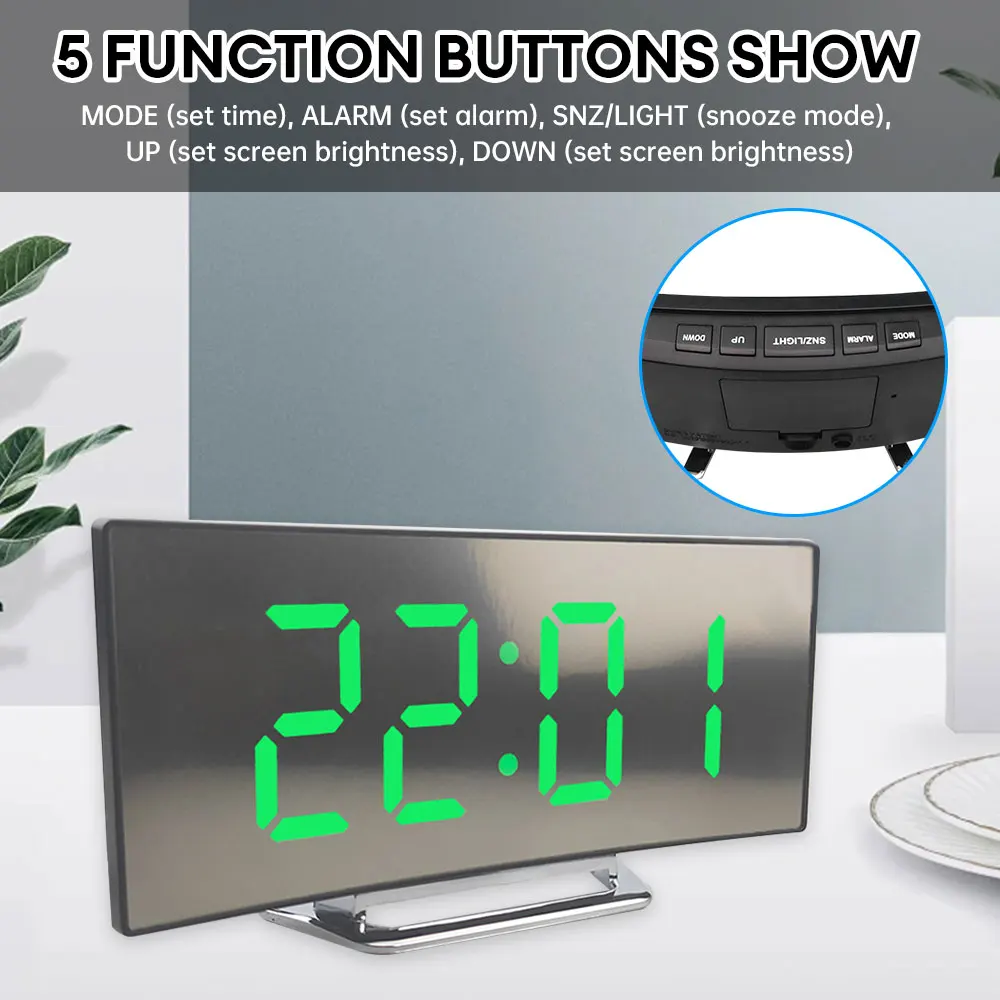 Led Large Curved Screen Crystal Clock Multifunctional Electronic Alarm Clocks Creative Bedside Silent Clock Interior Decoration