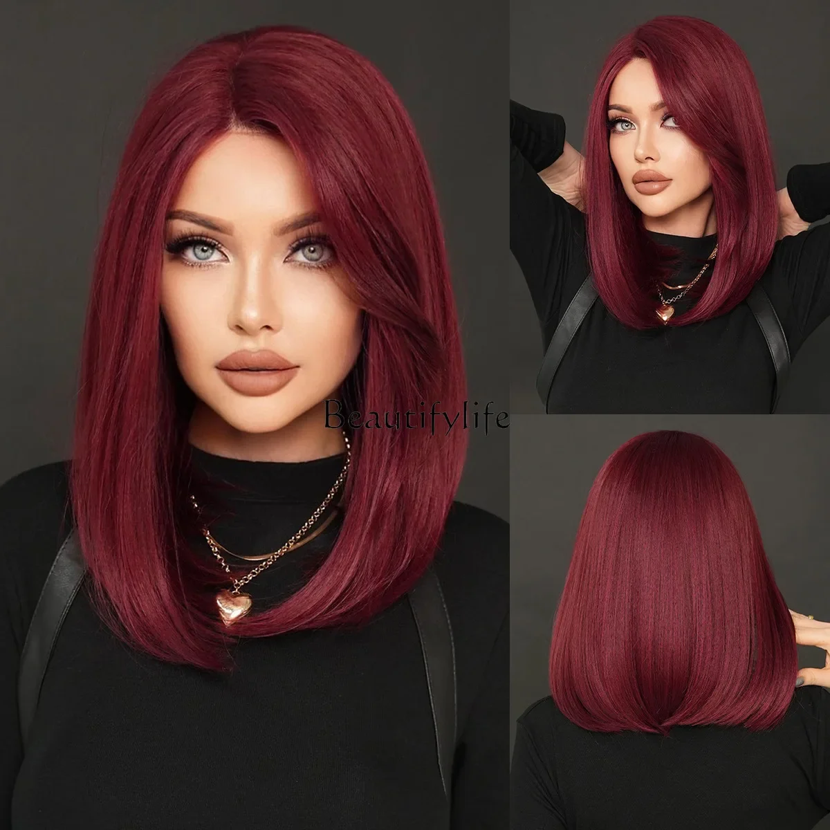 Wig Fuchsia female full hood shoulder straight hair side part natural and realistic