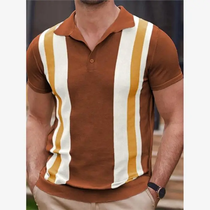

Men's Summer Busin Casual irt ort Sve Knitted Striped T-irt Youth Faion Stand Fit Floing Proc