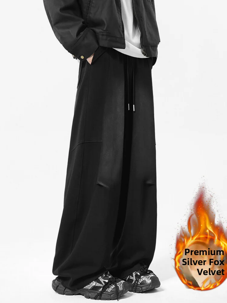 

Washed Black Wide Leg Sweatpants Fleece Lined Thick Straight Floor-Length Trousers for Men Autumn Winter American Retro Style