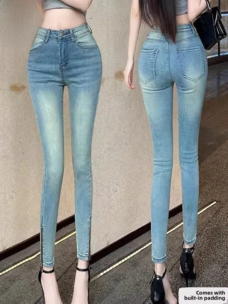 

Retro American Waed White Small Foot Jeans Women Summer High Waist Tight Straight Leg Nine Point Pants Hot Girl Casual Sle