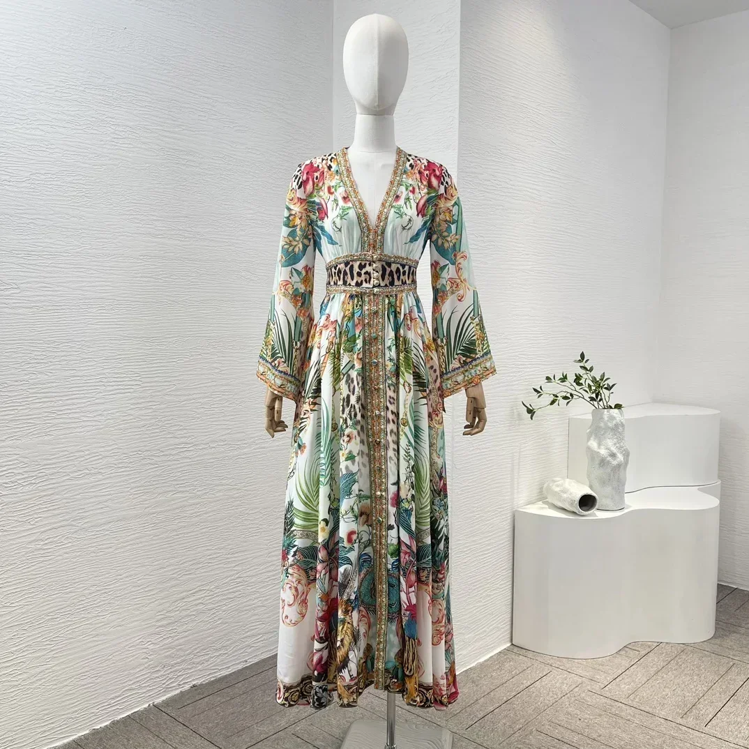 Green Multicolor Silk High Quality 2024 New Collection Floral Position Print Long Sleeve V-Neck Diamonds Women Midi Dresses