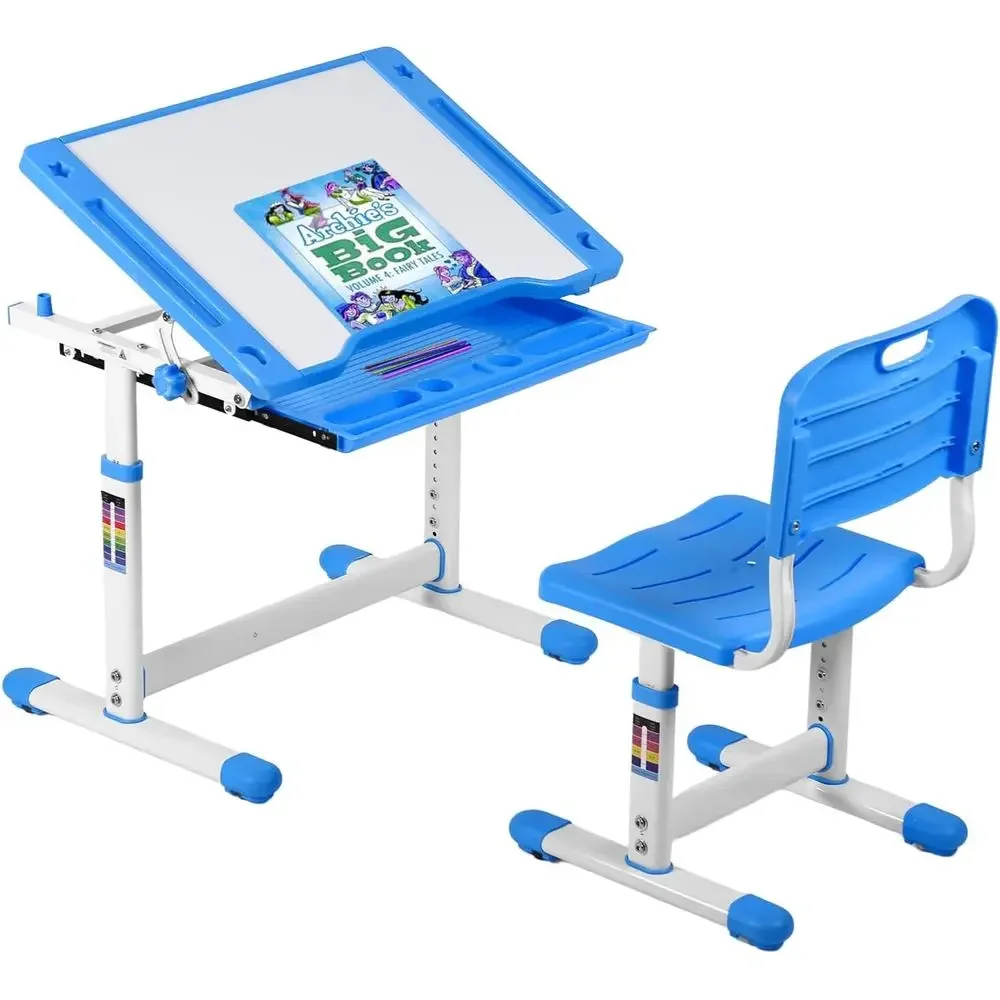 

Height-Adjustable Kids Desk and Chair Set with Storage, Multifunctional for Studying, Writing, Reading, and Drawing, Blue