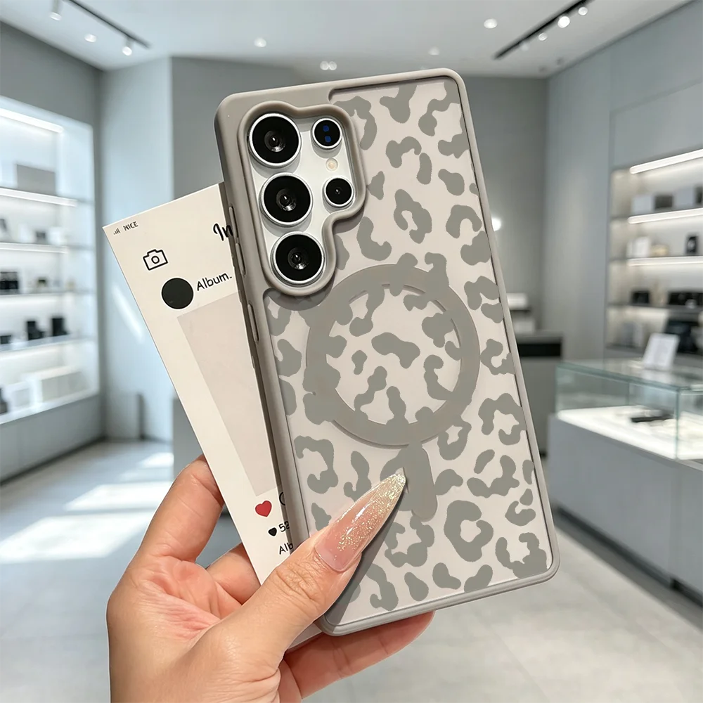 Hellgraue Leopardenmuster Magnetische Transparente Handyhülle für Samsung Galaxy S26 S25 S24 S23 S22 Ultra FE A17 A37 A57 Stoßfeste Abdeckung