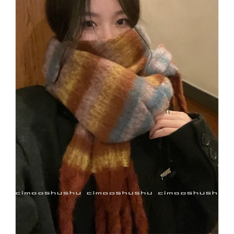 

2024 New Autumn and Winter Striped Retro Thick Scarf for Girls Winter Fashion Korean Warm Scarf Versatile Shawl for Warmth YC60