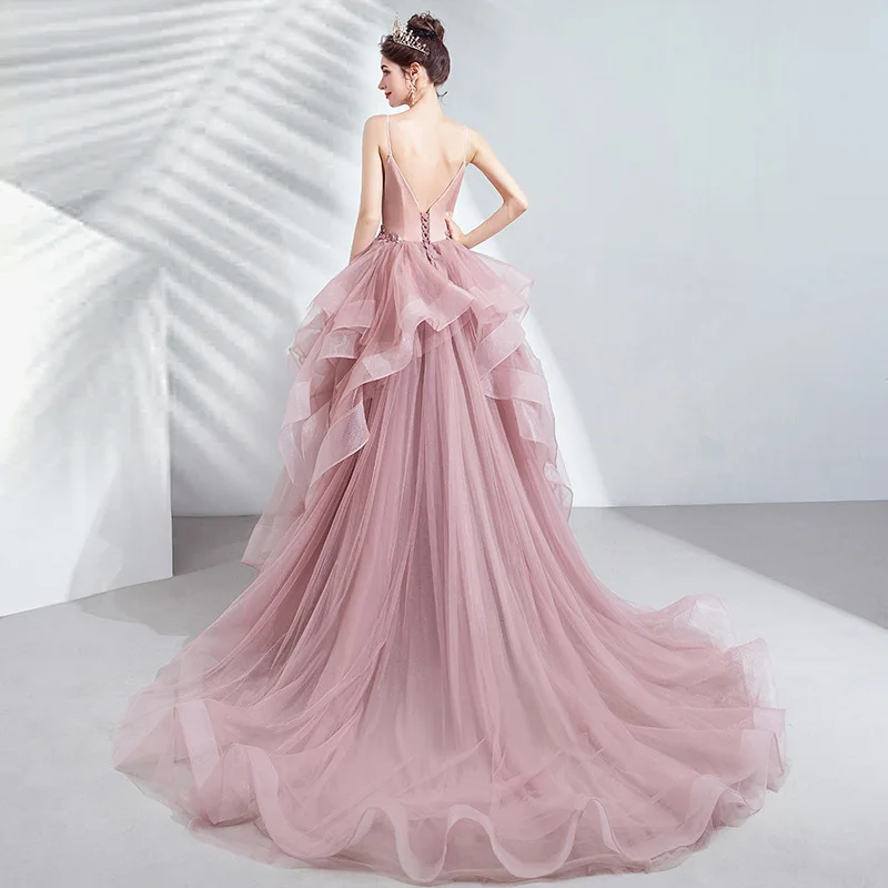 LZPOVE Pink Prom Dresses Luxury Ball Gown Tulle Puffy Layered Ruffles Graduation Gowns Spaghetti Strap Beads Evening Party