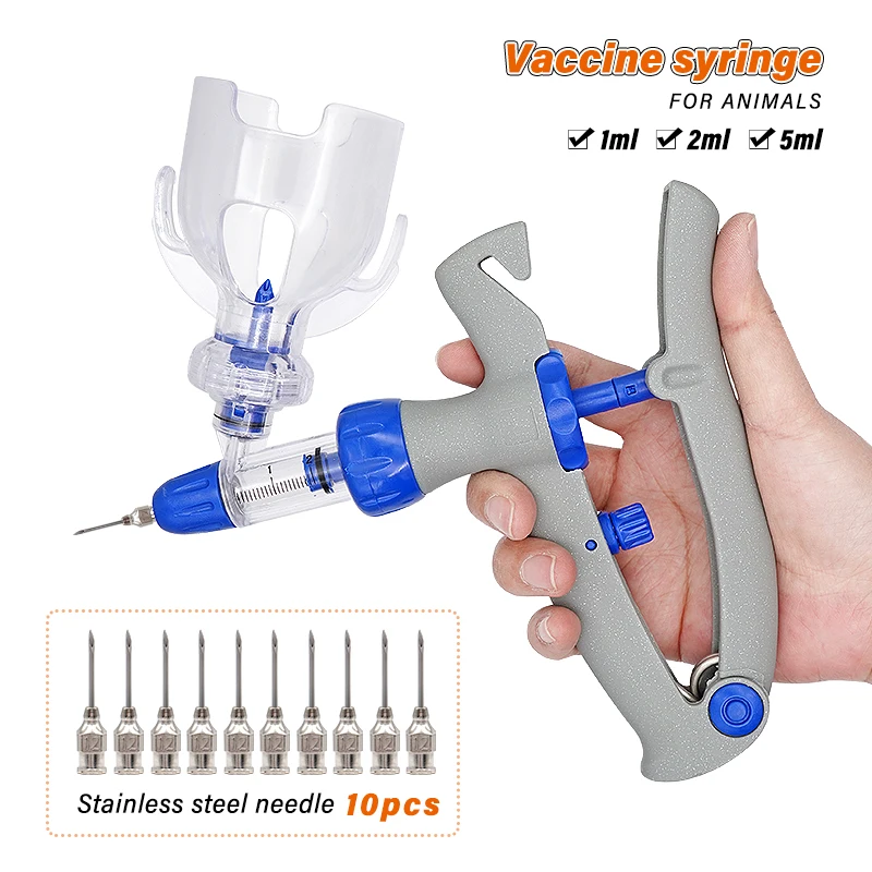 1/2/5ml Automatic Continuous Syringe Animal Adjustable Injector Chicken Poultry Durable Vaccine Injector 10 Needles Veterinary