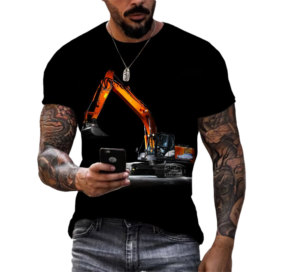 Summer New Men\'S Excavator 3d Printed T-Shirt O Neck Short Sleeve Personality Mechanical Engineering Vehicle Graphic Top