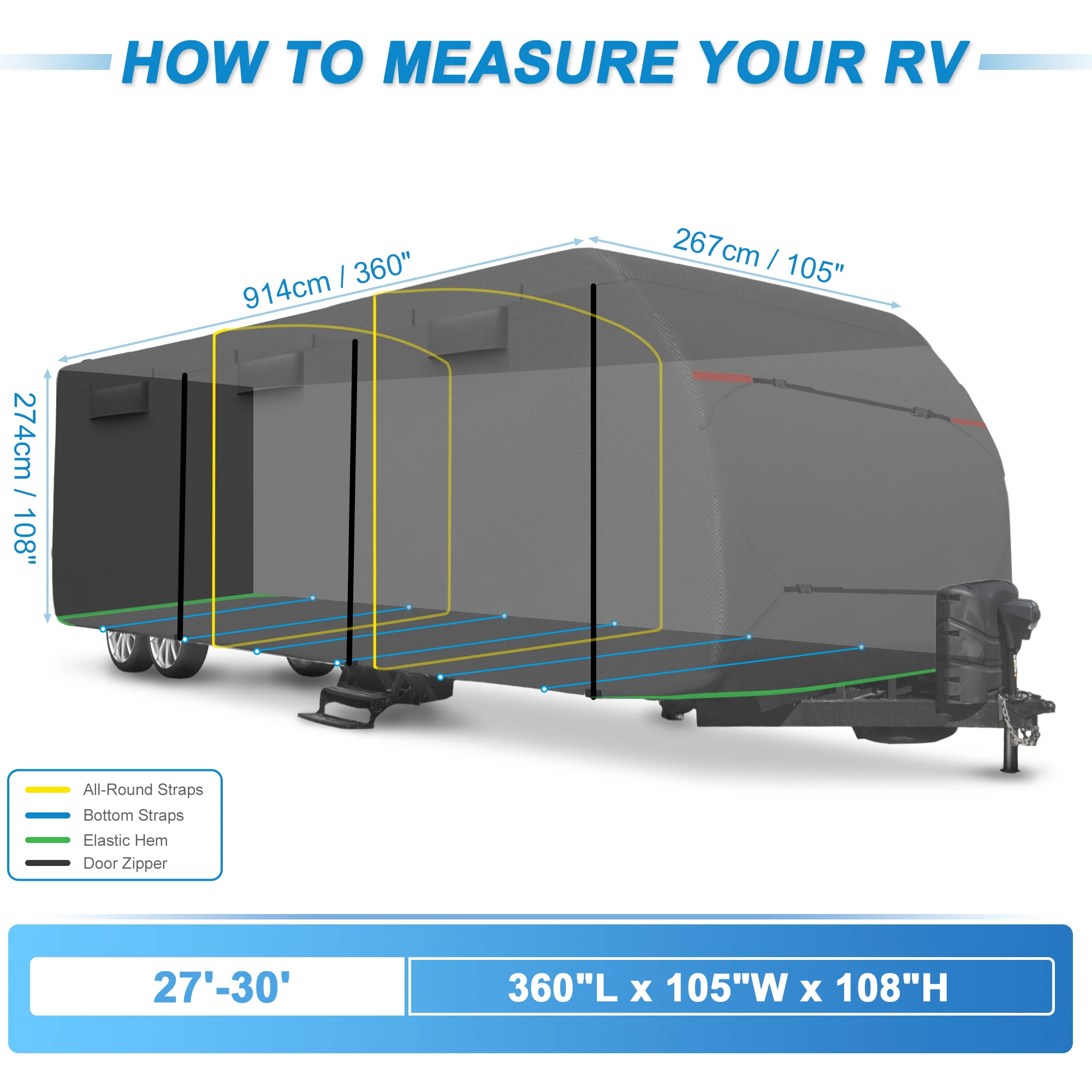 غطاء مقطورة السفر X Autohaux-RV ، غطاء العربة المضاد للأشعة فوق البنفسجية مع حبال إضافية وأغطية مزراب ، يناسب 27 "-30"