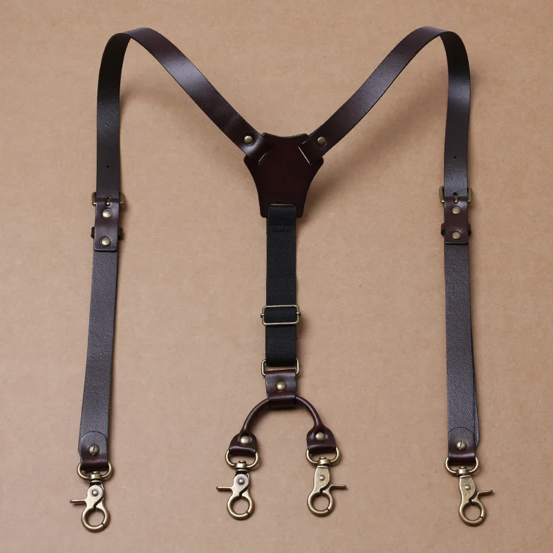 140*2CM Leather Adults Suspenders 4-Hook Elasticity Men's Suspender Retro Suspenders Man For Pants Harness Man Wedding Braces