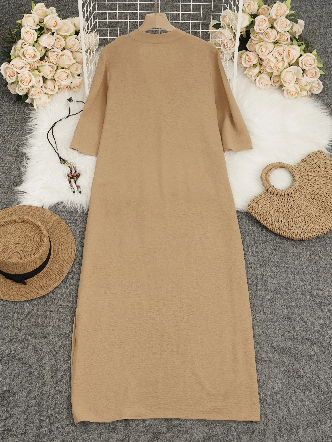 카멜 오버사이즈 맥시 드레스 |     여름 휴가를 위한 여성용 브이넥 반소매 사이드 슬릿 루즈 캐주얼 보헤미안 셔츠 드레스