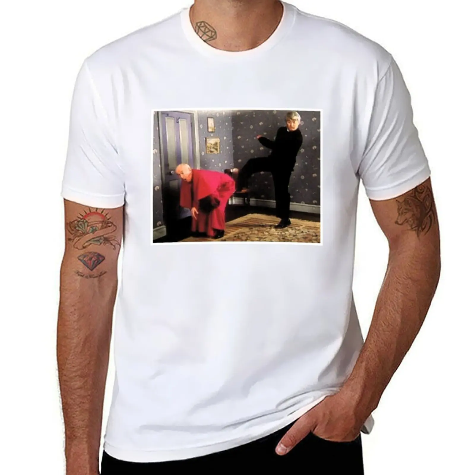 Father Ted - Framed Picture of Bishop Brennan Being Kicked up the Arse T-Shirt cotton t shirts high quality T-Shirt