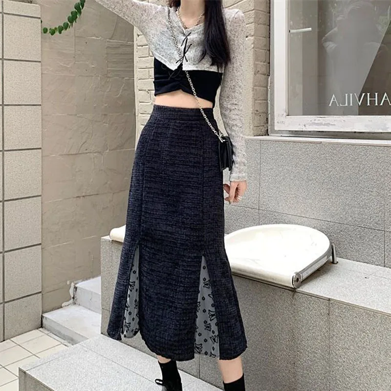 

Autumn and Winter Fashion Fashionable High Waist Split Splice Large Fat Mm Slim Versatile Age Reducing A-line Wrapped Hip Skirt