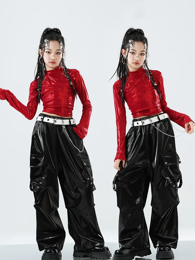 

Kids Street Dance Clothing Girls Hip Hop Outfits Red Tops Black Pants Jazz Performance Clothes Group Competition Wear