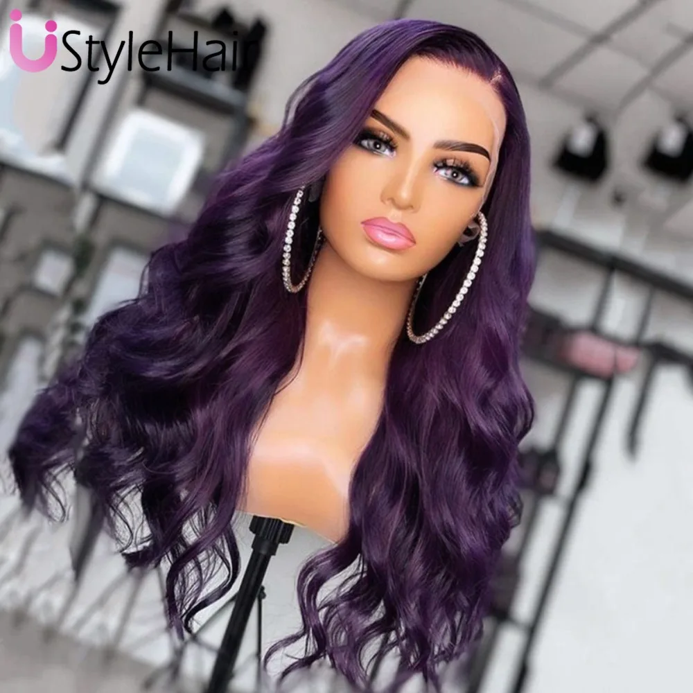 UStyleHair Dark Purple Wig  Lace Front Synthetic Long Boay Wave Wig Heat Resistant Natural Hairline Daily Use Purple Lace Wig