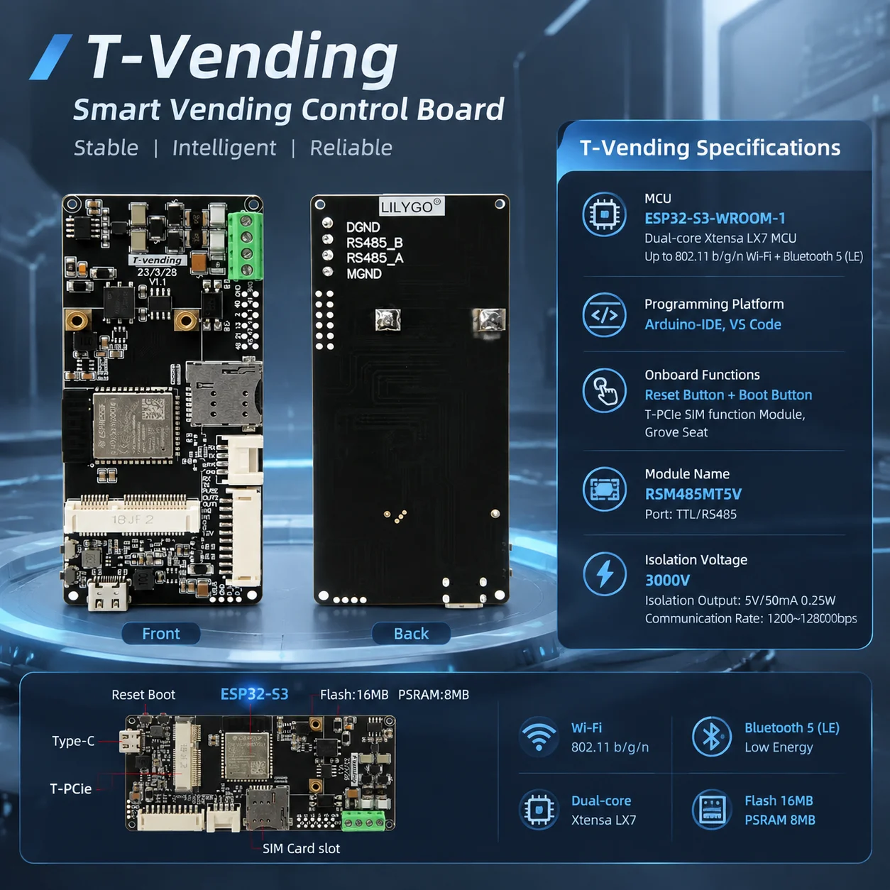LILYGO T-Vending ESP32-S3 IoT Board Onboard RS485 WiFi BLE T-PCIE Expansion & Grove Interface for Self-service Terminal