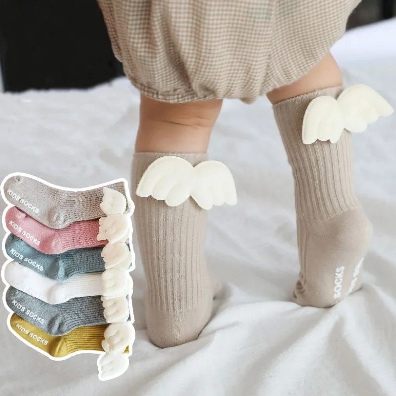 Angel Wing Spring Cotton Newborn Sock Solid Candy Color Kids Toddler Long Socks For Kids Children Baby Girls Knee High Sock