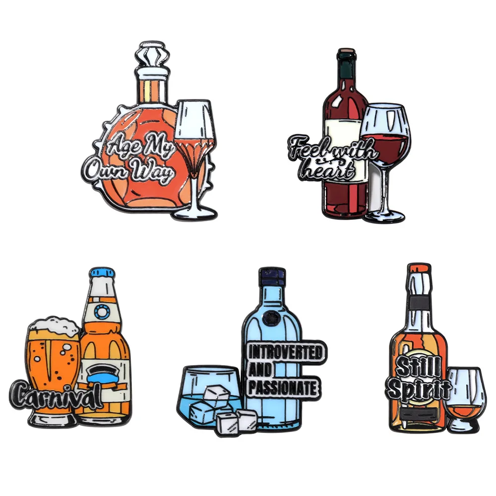 Creative Whiskey Wine Beer Bottle Brooch Retro Alcohol Alloy Enamel Badge Clothes Decor Lapel Pins Fashion Jewelry Gift