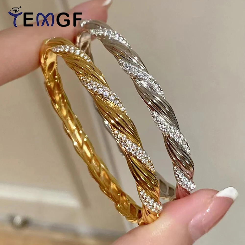 

TEMGF 925 Sterling Silver Twisted Bracelet Plated 18K Gold Bangle 5A Zircon Inlay Vintage Fine Sparkling Wrist Jewelry Gifts