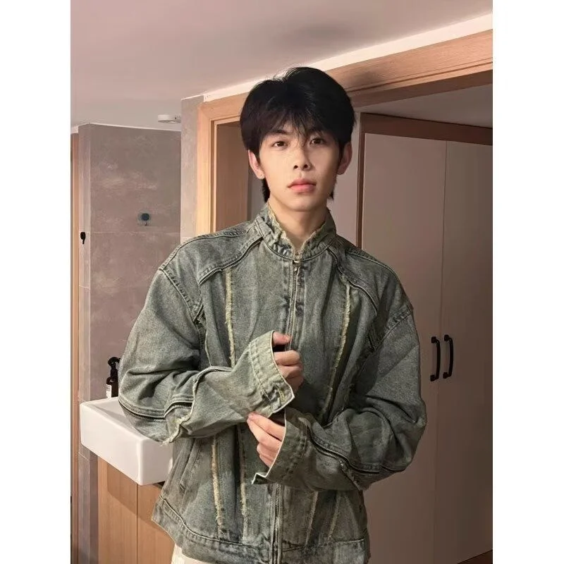 

Retro American Waed Denim Jaet Men's Street Zipper Stand Collar Motorcycle Jaet ort Tassel Thiened Winter Coat