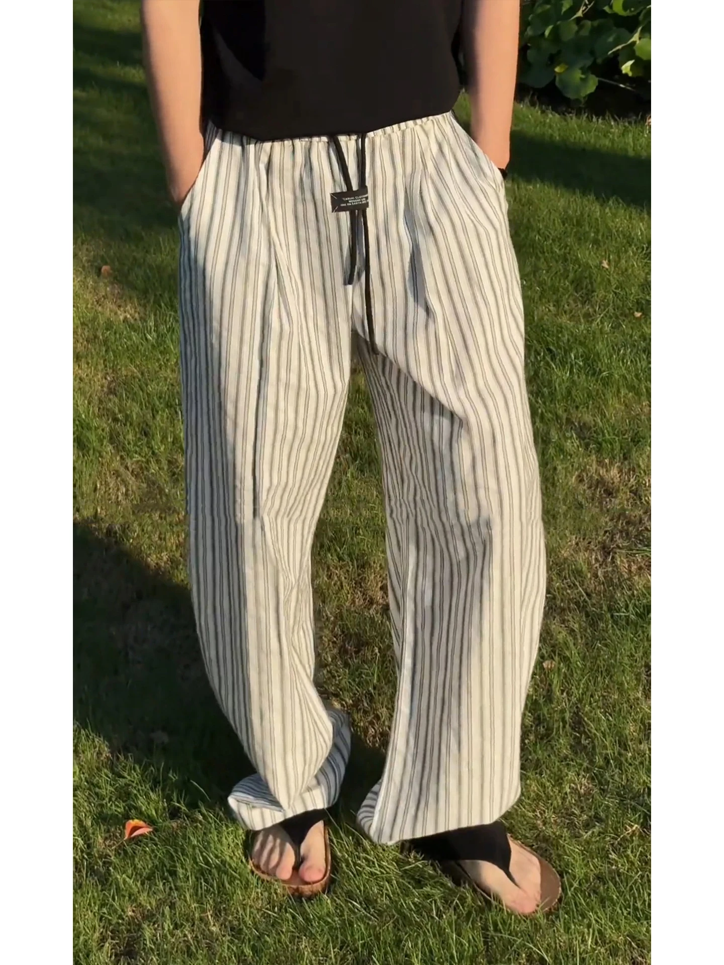 American Style Casual Pants Men's Summer Thin Loose Wide Leg Pants Drapey Straight Casual Pants Vertical Stripes Knife 