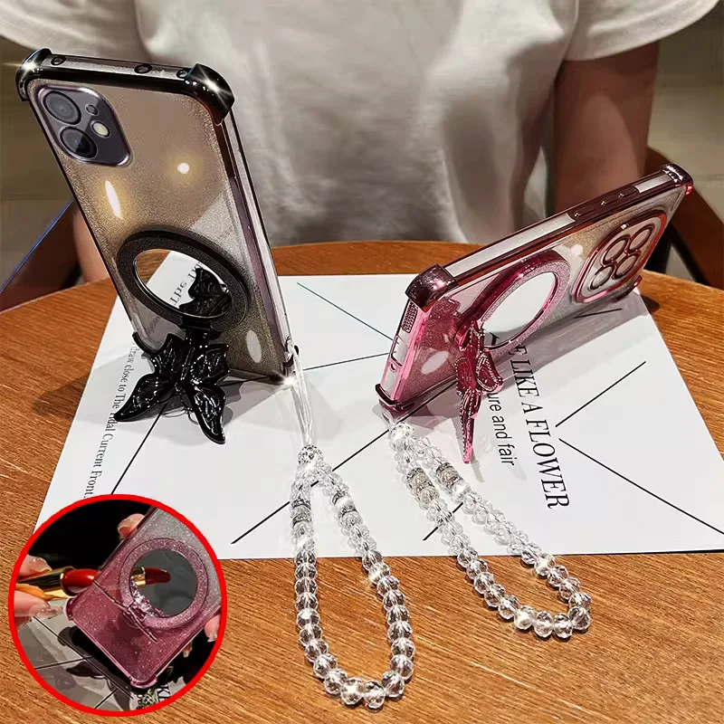 Mirror Butterfly Folding Stand Bracelet Phone Case For Funda OPPO A5 Pro A5X A3 A80 A60 A40 A18 A38 A98 A58 A78 Shockproof Cover