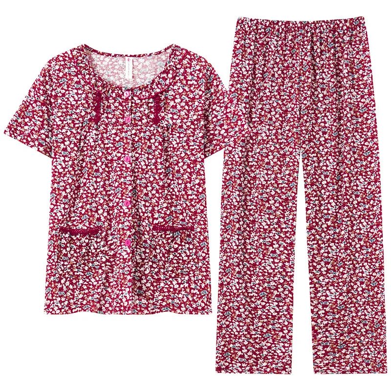 Summer Small Flower Women Pajamas Short Sleeve Long Pants Casual Tracksuit Female Cotton Pajamas Set Women Sleepwear Homewear